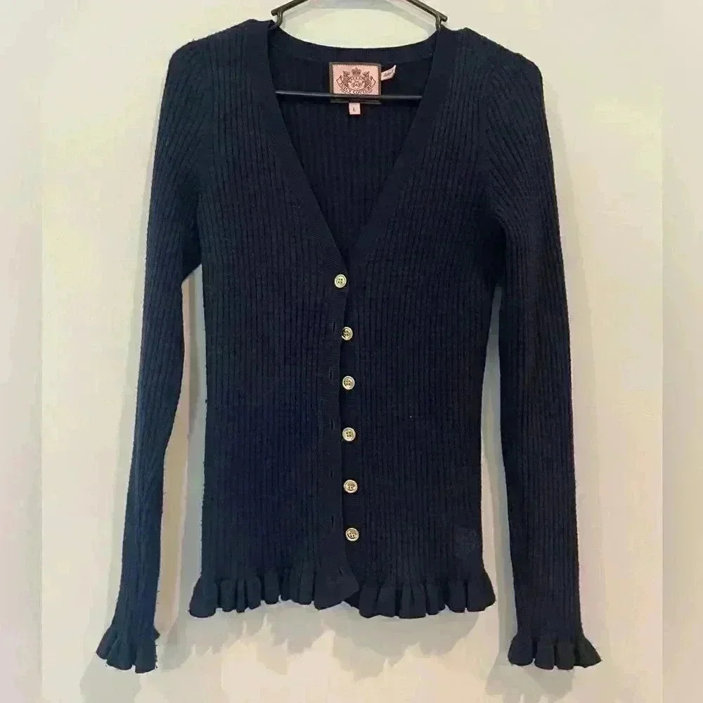 Juicy Couture 100% Wool Ruffle Cardigan Sweater Navy Blue Size L